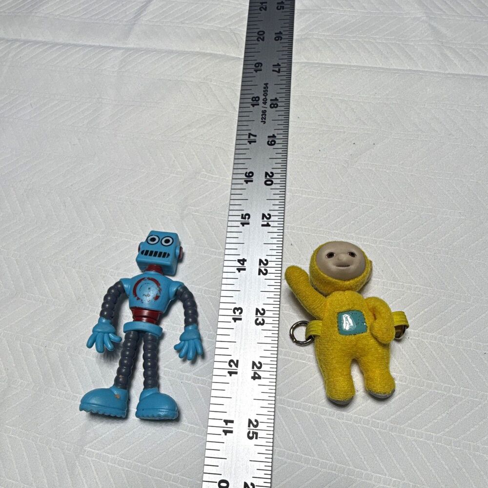 Robot Figure & Teletubby Plush Keychain Set, Blue Yellow Gray, Plastic